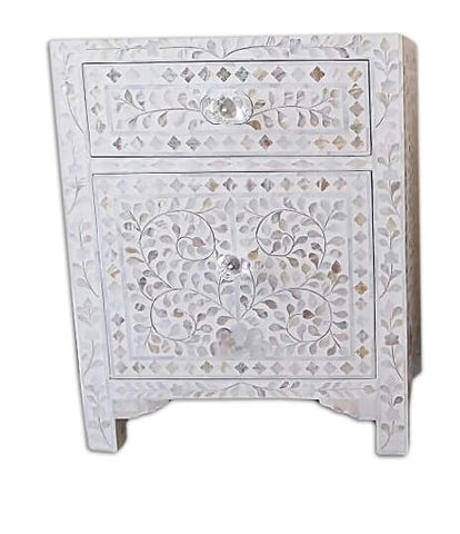 Mother Of Pearl Floral Inlay Large Drawer Bedside White