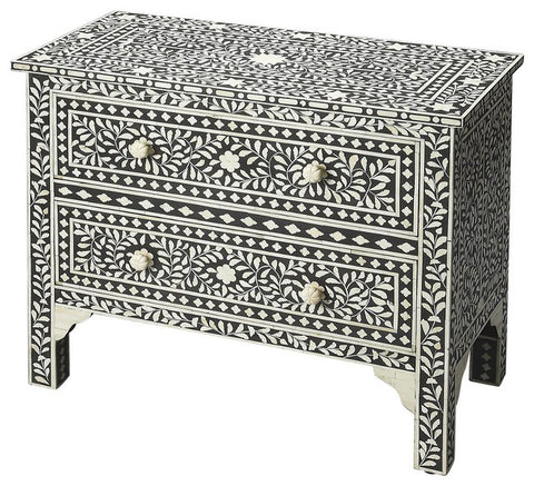 Bone Inlay Floral Chest Of Two Drawer Black