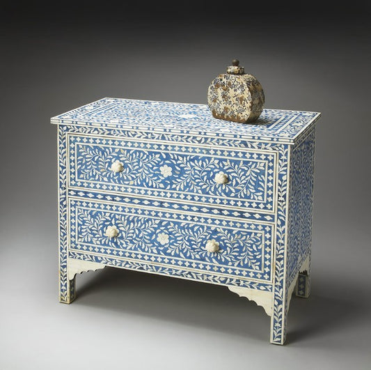 Bone Inlay Floral Chest Of Two Drawer Blue