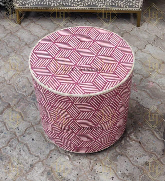 Optical Bone Inlay Round Side Table Wine