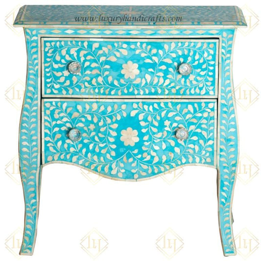 Bone Inlay 2 Drawer Small Chest Curved Legs Turquoise