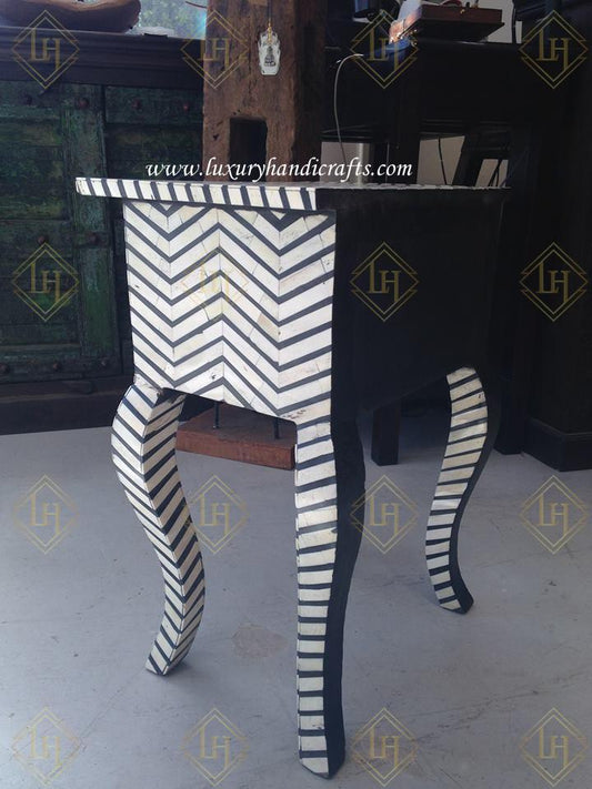 Bone Inlay Chevron Side Table 1 Drawer Long Curved Leg Black