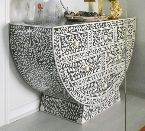 Floral Bone Inlay Curved Console Black