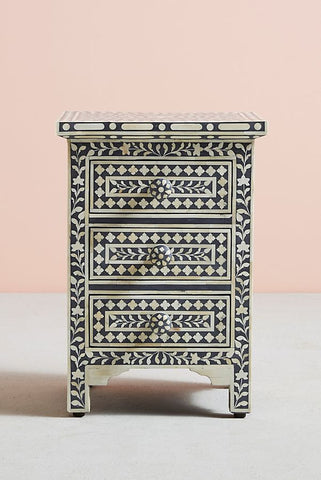 Bone Inlay Floral 3 Drawers Bedside Grey