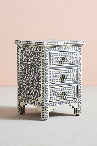 Bone Inlay Floral 3 Drawers Bedside Grey