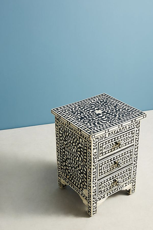 Bone Inlay Floral 3 Drawers Bedside Black