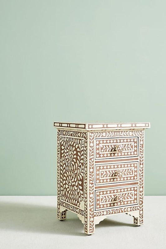 Bone Inlay Floral 3 Drawers Bedside Brown
