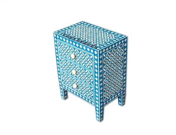 Bedside In Bone Inlay 3 Drawer Geometric Blue