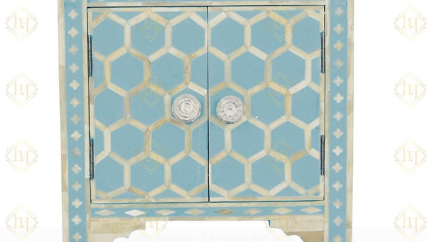 Bone Inlay 1 Drawer 2 Door Bedside Honeycomb Design Sky Blue