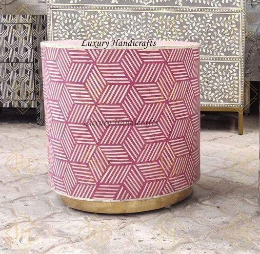 Optical Bone Inlay Round Side Table Wine