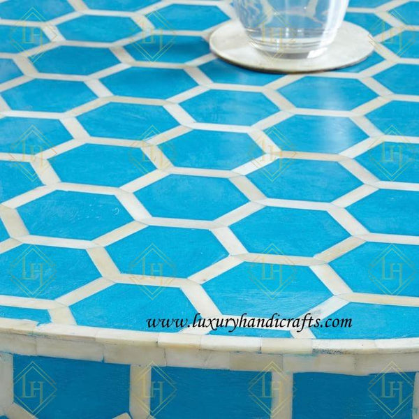 Bone Inlaid Round Coffee Table Honeycomb Turquoise