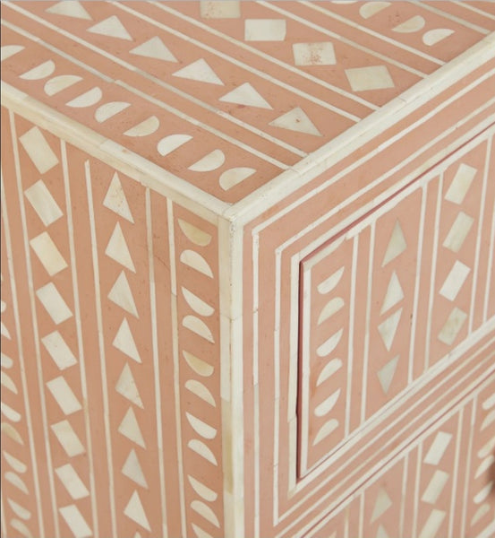 Bone Inlay Chest of 4 Drawers Tribal Design in Pink