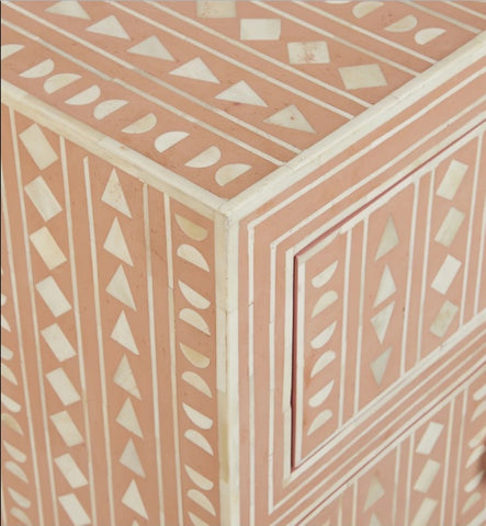Bone Inlay Chest of 4 Drawers Tribal Design in Pink