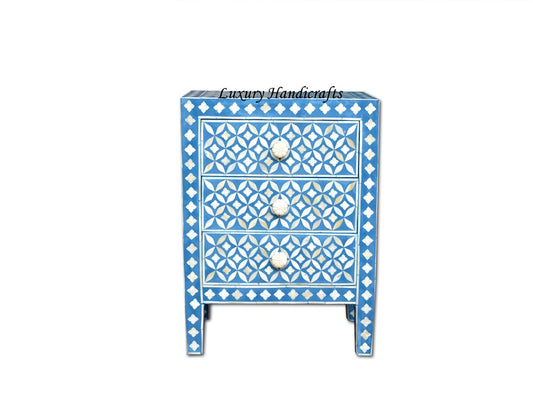 Bedside In Bone Inlay 3 Drawer Geometric Blue