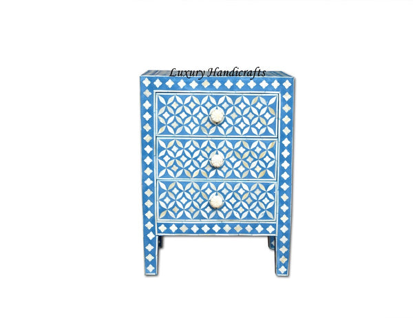 Bedside In Bone Inlay 3 Drawer Geometric Blue