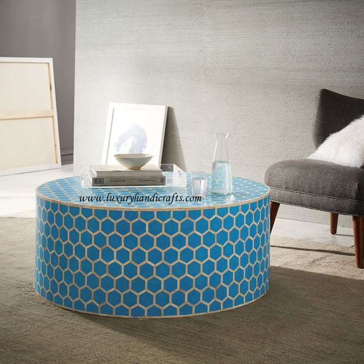 Bone Inlaid Round Coffee Table Honeycomb Turquoise