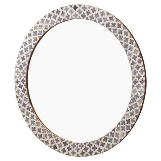Quatrefoil Colored Bone Inlay Round Mirror Grey