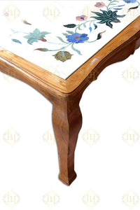 Teak Wood Dining Table With Italian Marble Floral Gemstone Inlay