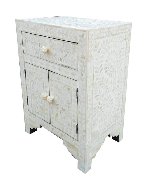 Bone Inlay Floral One Drawer Two Door Bedside Table White
