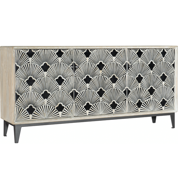 Bone Inlay Flower Entertainment Credenza White Distress Finish
