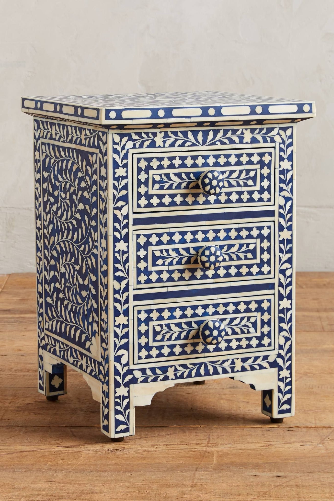 Bone Inlay Floral 3 Drawers Bedside Blue