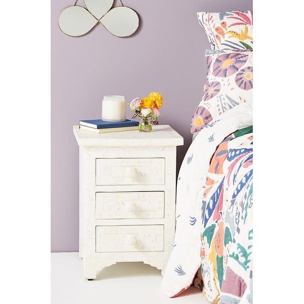 Bone Inlay Floral 3 Drawers Bedside White