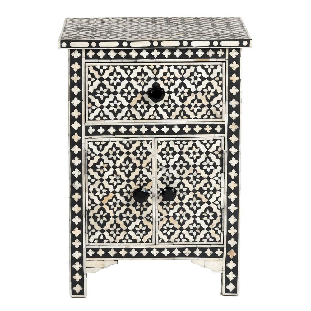 Black Bone Inlay Arctic Bedside 1 Drawer 2 Door Nightstand