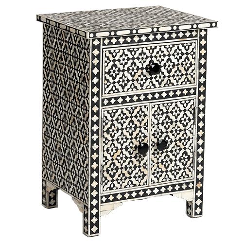Black Bone Inlay Arctic Bedside 1 Drawer 2 Door Nightstand