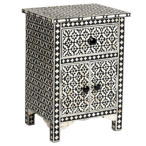 Black Bone Inlay Arctic Bedside 1 Drawer 2 Door Nightstand