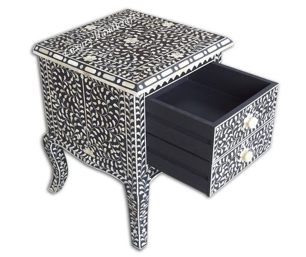 Black Bone Inlay Floral 2 Drawer Curved Leg Bedside