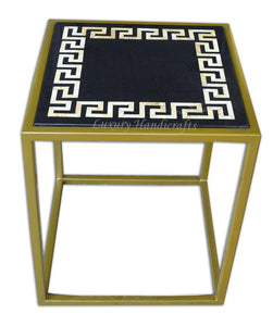 Black Marble Side Table With Yellow Tiger Inlay