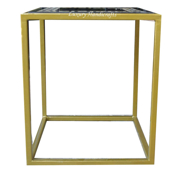 Black Marble Side Table With Yellow Tiger Inlay