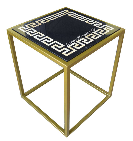 Black Marble Side Table With Yellow Tiger Inlay