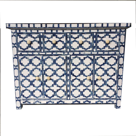 Blue Colored Bone Inlay Cabinet 4 Drawer 2 Cupboard