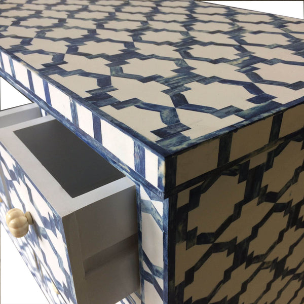 Blue Colored Bone Inlay Cabinet 4 Drawer 2 Cupboard