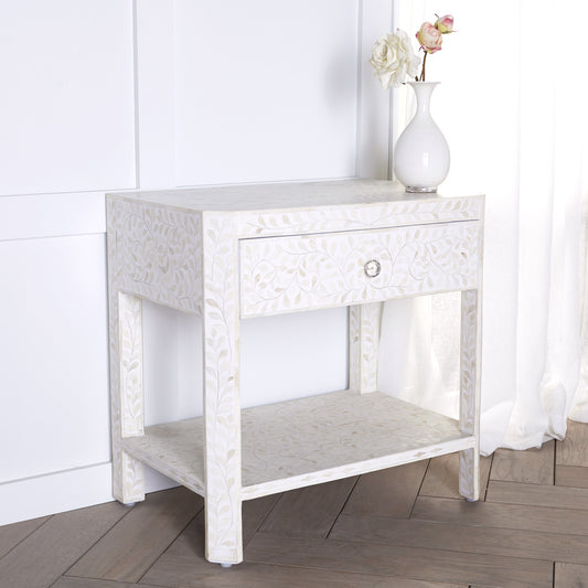 Bone Inlay Floral 1 Drawer 1 Shelf Bedside White