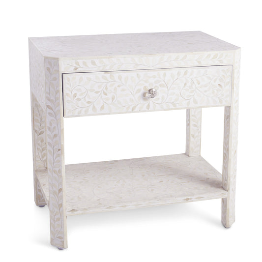 Bone Inlay Floral 1 Drawer 1 Shelf Bedside White