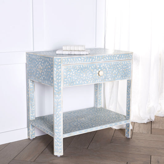 Bone Inlay Floral 1 Drawer 1 Shelf Bedside Turquoise