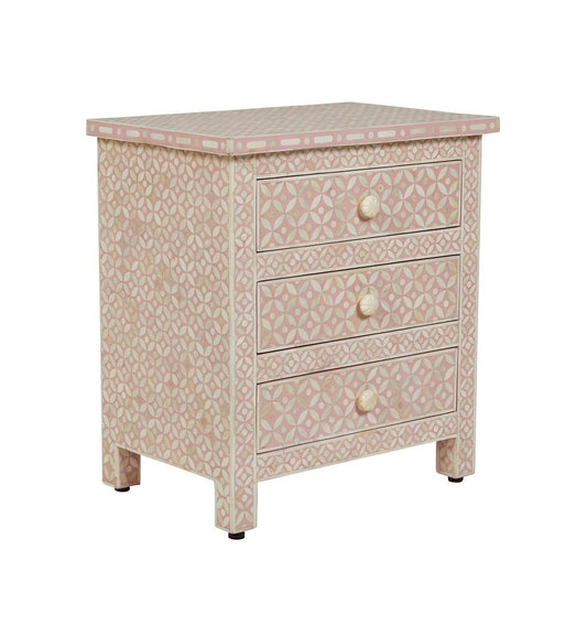 Pink Bone Inlay 3 Drawer Bedside Geometric