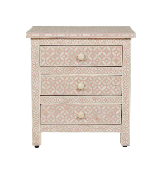 Pink Bone Inlay 3 Drawer Bedside Geometric