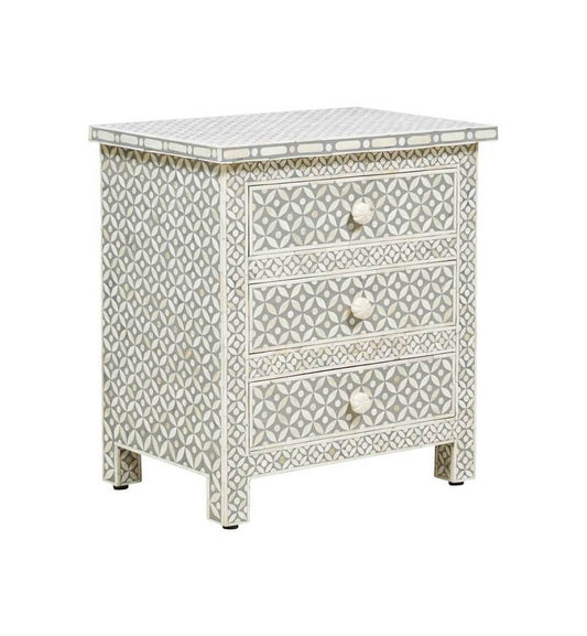 Grey Bone Inlay 3 Drawer Bedside Geometric