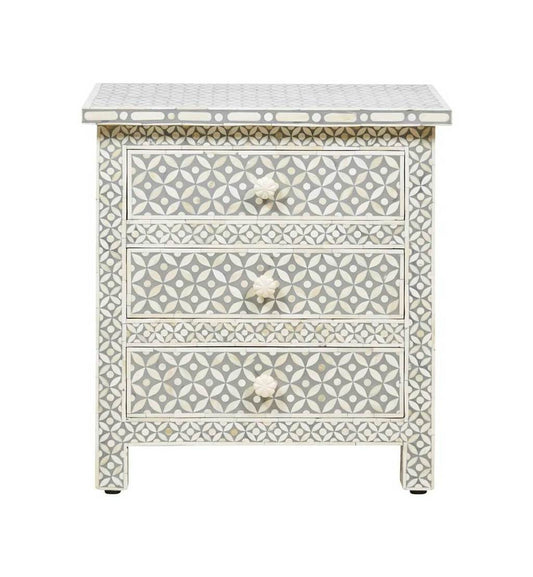 Grey Bone Inlay 3 Drawer Bedside Geometric