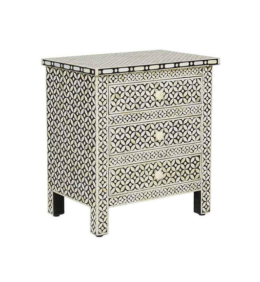 Black Bone Inlay 3 Drawer Bedside Geometric