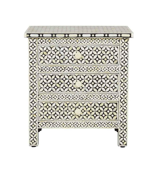 Black Bone Inlay 3 Drawer Bedside Geometric