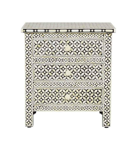 Black Bone Inlay 3 Drawer Bedside Geometric
