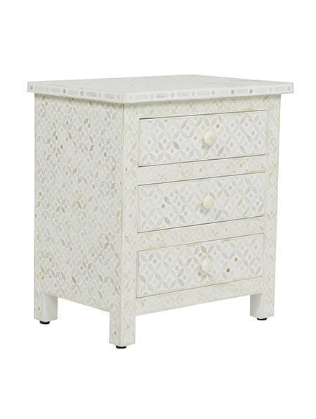 White Bone Inlay 3 Drawer Bedside Geometric