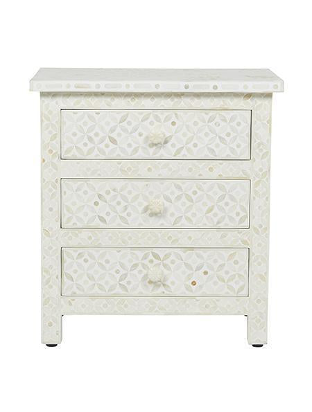 White Bone Inlay 3 Drawer Bedside Geometric