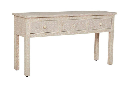 Blush Pink Bone Inlay Geometric 3 Drawer Console