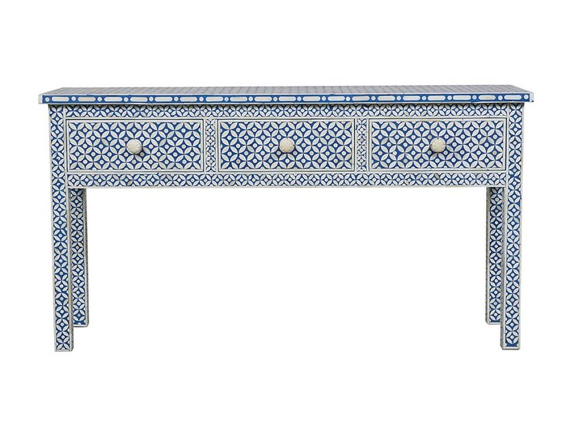 Blue Bone Inlay Geometric 3 Drawer Console