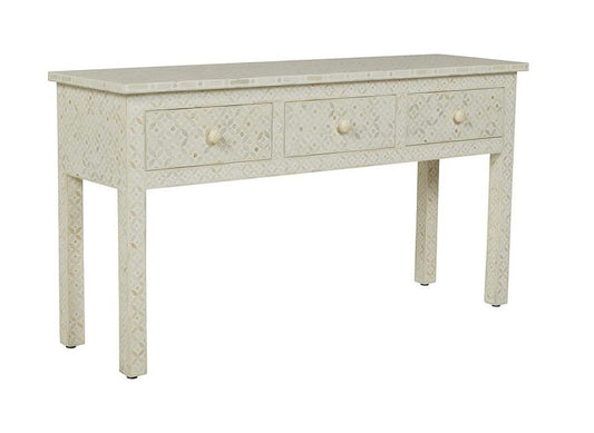 White Bone Inlay Geometric 3 Drawer Console